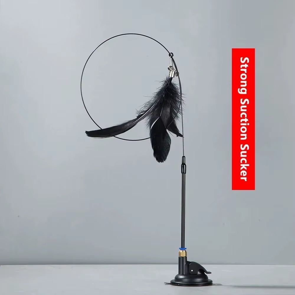 Premium Cat Teaser Pole with Feather Bell and Suction Cup - Durable Bite-Resistant Stick with Replaceable Feather Head