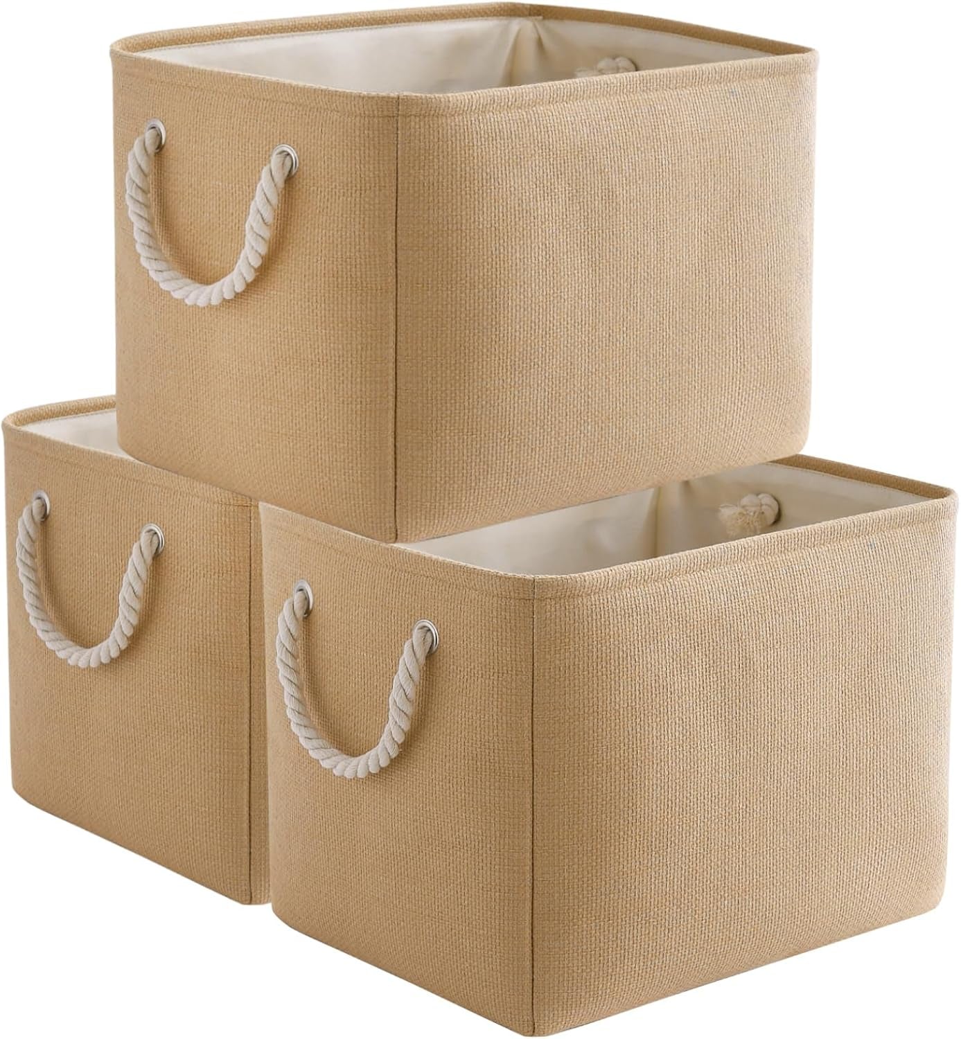 Large Collapsible Storage Bins - 3 Pack 14x10x7 Inch Fabric Organizers for Closet, Shelf, and Toy Storage (Grey & Gold)