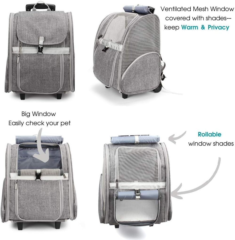 Pet Rolling Carrier Backpack for Dogs and Cats - Travel Bag with Wheels (Grey)