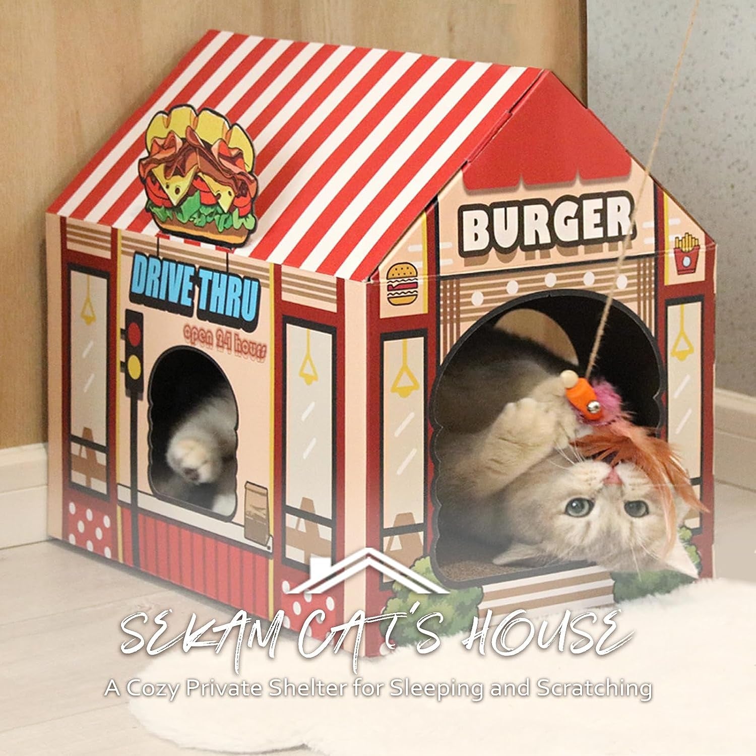 Cardboard Cat House with Scratching Pad and Catnip, 16.5'' x 12'' x 15'', Burger Shop Design for Indoor/Outdoor Cats, Playhouse and Home Decor, Scratch Toy, Ideal Hideout for Rabbits and Small Animals