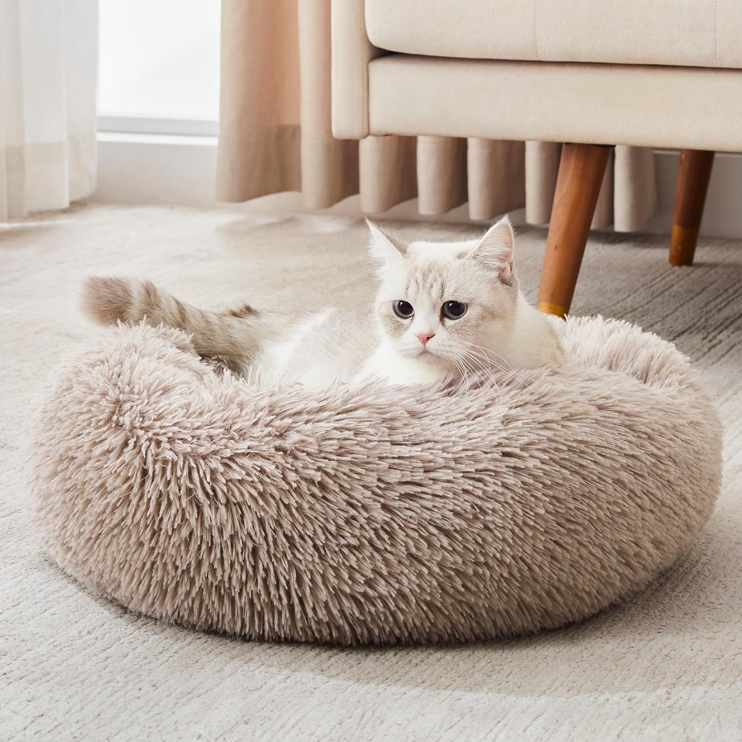 Calming Donut Cuddler Bed for Dogs and Cats - Anti-Anxiety Faux Fur Plush Cushion in Various Sizes (20"/24"/27"/30")