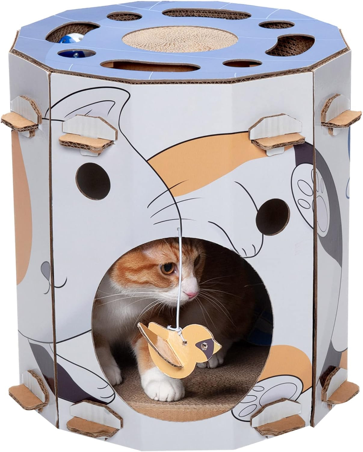Multi-Level Cardboard Cat House for Indoor Cats with Catnip and Toys - Double-Walled Corrugated Scratcher for Lounging, Play, and Comfort - One Size, Brown