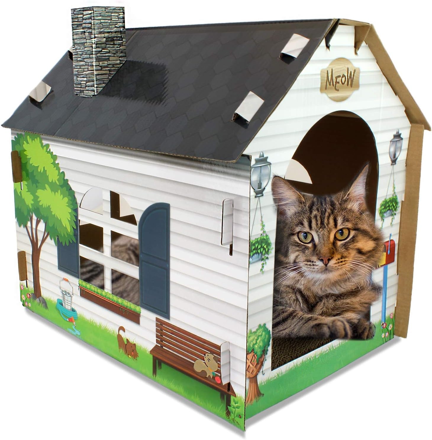 Cardboard Cat House Hideaway Playhouse with Integrated Scratching Pad - Dimensions: 19" L x 13" W x 17" H