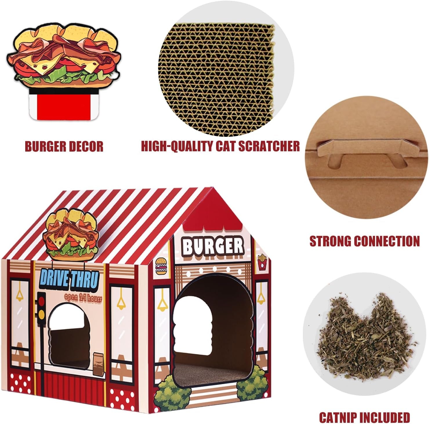 Cardboard Cat House with Scratching Pad and Catnip, 16.5'' x 12'' x 15'', Burger Shop Design for Indoor/Outdoor Cats, Playhouse and Home Decor, Scratch Toy, Ideal Hideout for Rabbits and Small Animals