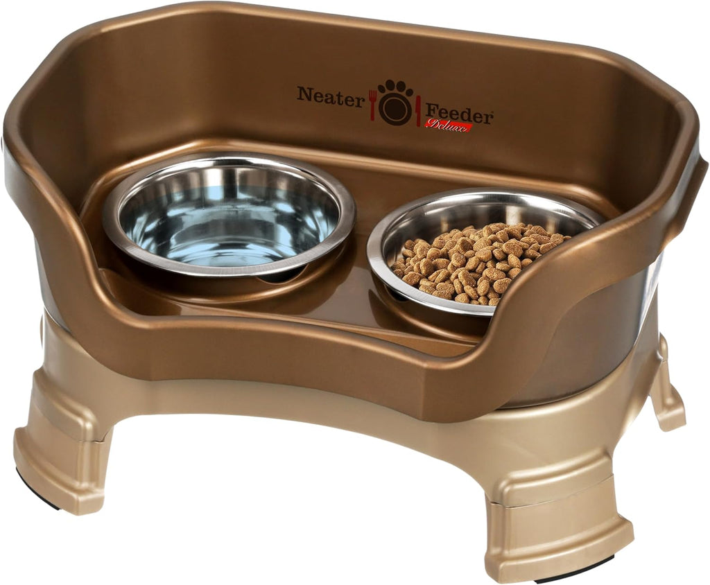 Neater Feeder Deluxe Elevated Cat Bowls with Adjustable Heights (6” & 7.5”), No-Spill Raised Stand, Whisker-Friendly Stainless Steel Dishes, Made in USA, Bronze Finish
