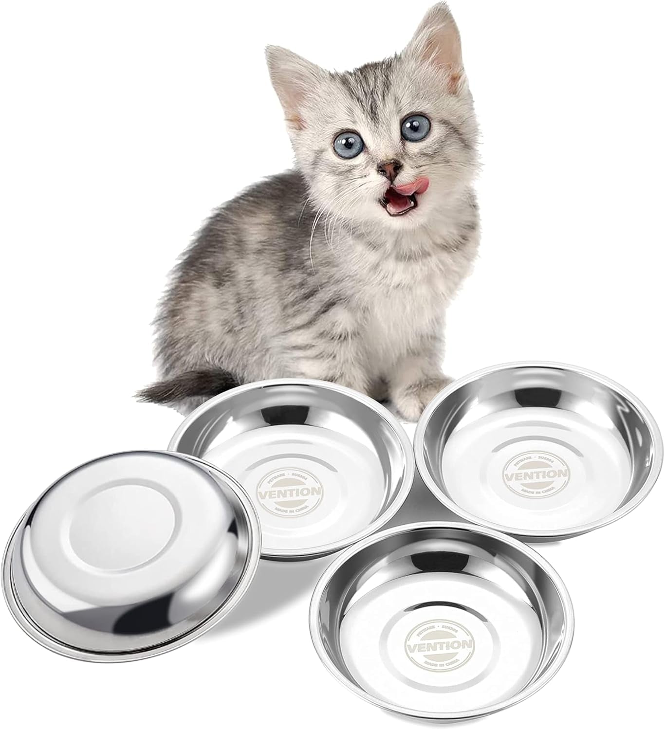 Set of 4 Stainless Steel Cat Food Bowls for Raised Stations, 5.8-Inch Diameter, Designed to Prevent Whisker Fatigue, 10.8 Fl. Oz Capacity, Ideal for Indoor Cats