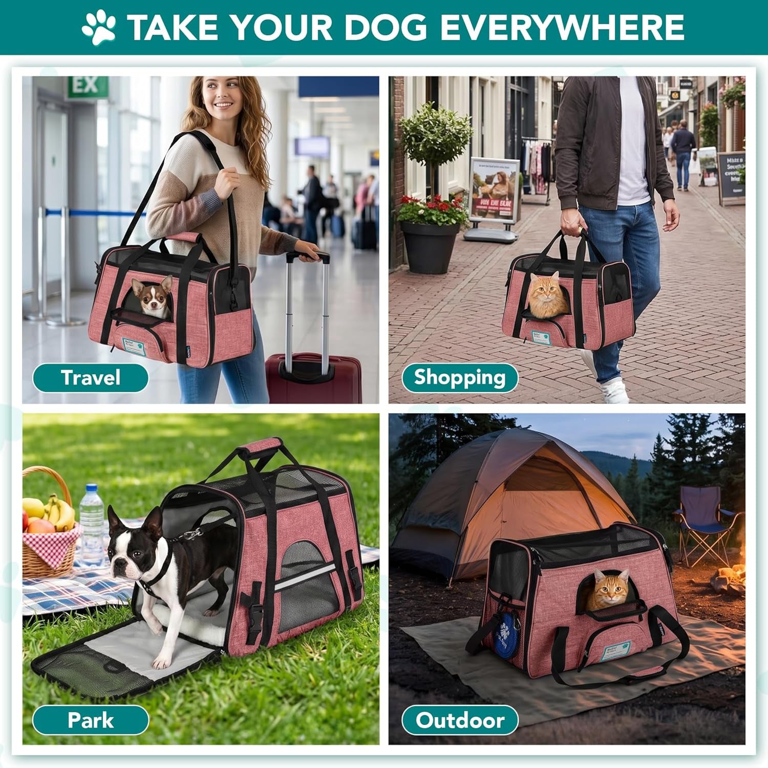 Airline-Approved Soft-Sided Pet Carrier for Cats and Small Dogs, TSA-Compliant Travel Bag with Sherpa Bed, Breathable Mesh Ventilation, Collapsible Bowl, Suitable for Pets Up to 18 lbs, Small Heather White/Red