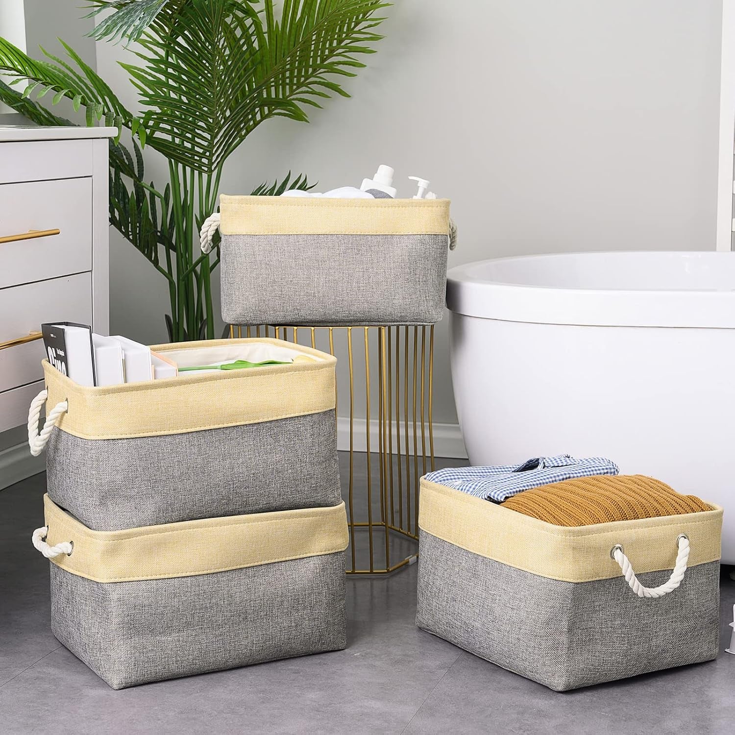 Large Collapsible Storage Bins - 3 Pack 14x10x7 Inch Fabric Organizers for Closet, Shelf, and Toy Storage (Grey & Gold)