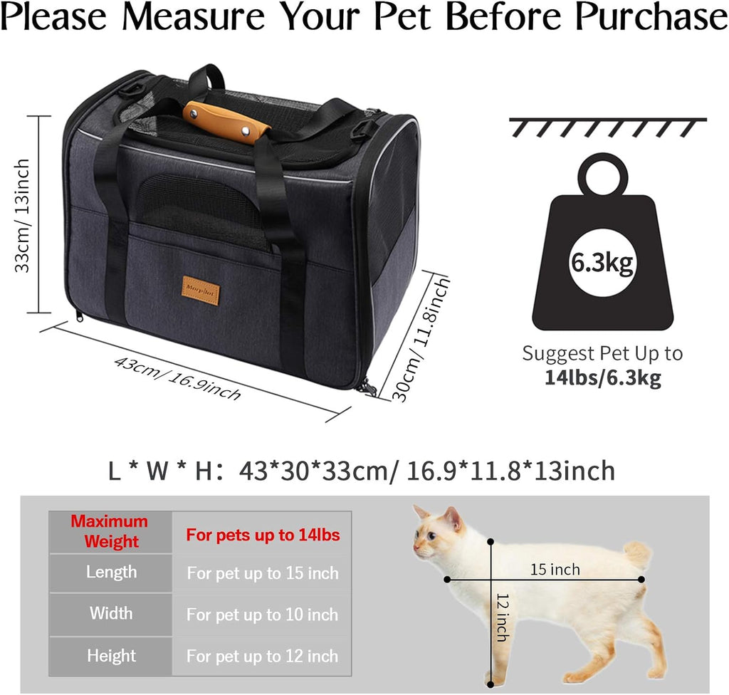 Portable Soft-Sided Cat Carrier Bag for Cats and Small Dogs, Airline Approved with Shoulder Strap, Removable Mat, and Pet Bowl