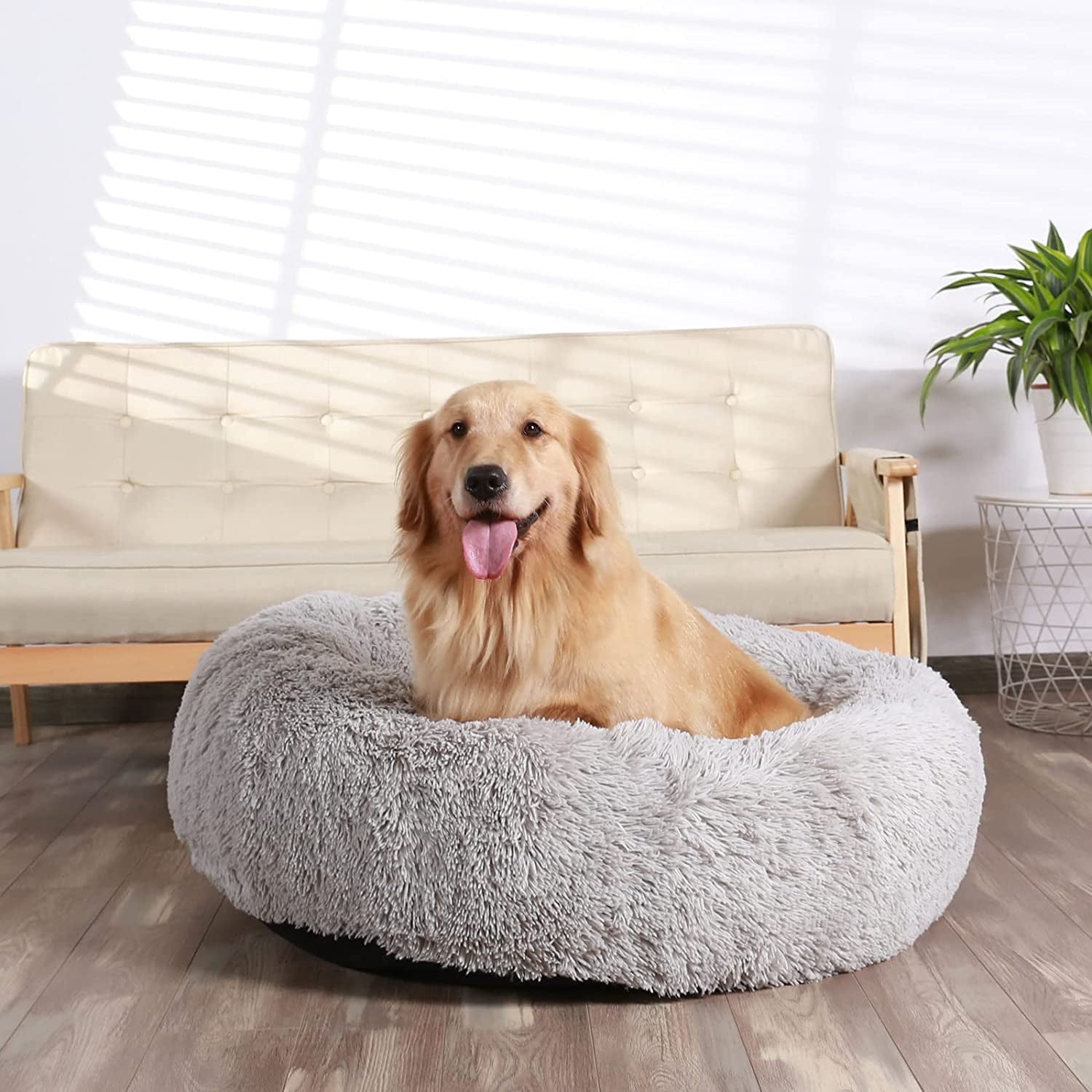 Calming Round Fluffy Dog Bed for Large Dogs, Washable Gray Cuddler Pet Bed, 30 inches