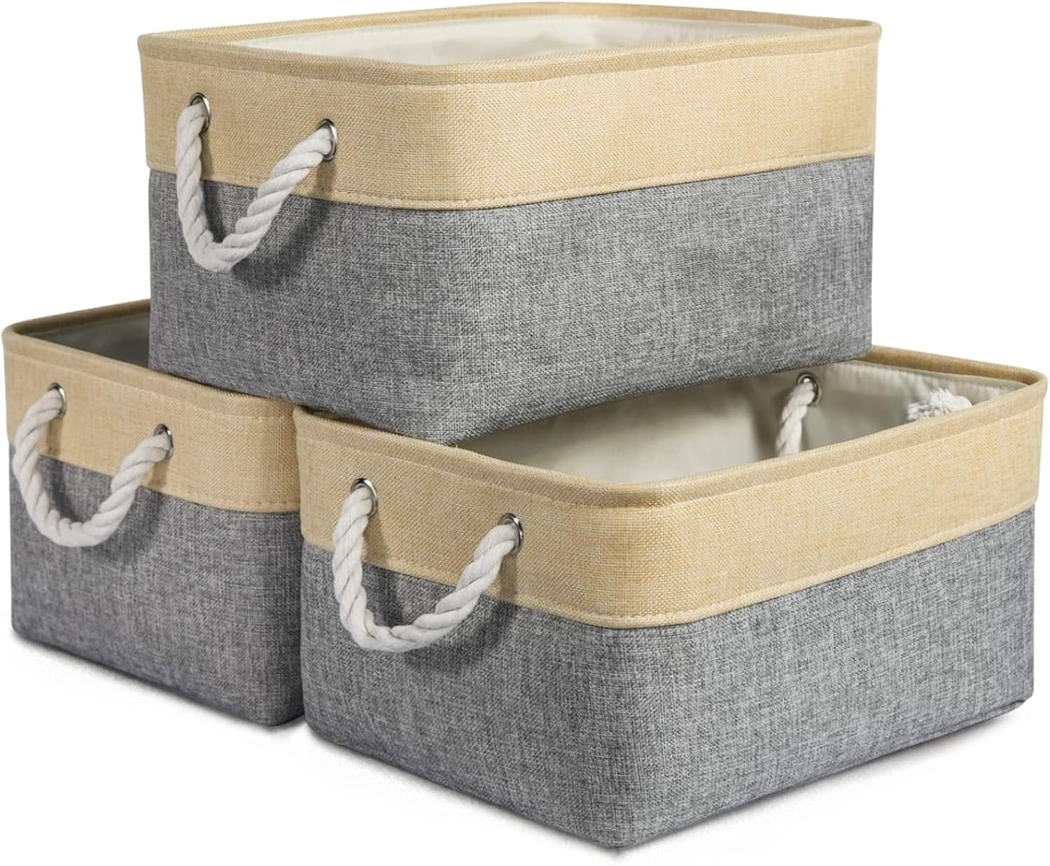 Large Collapsible Storage Bins - 3 Pack 14x10x7 Inch Fabric Organizers for Closet, Shelf, and Toy Storage (Grey & Gold)