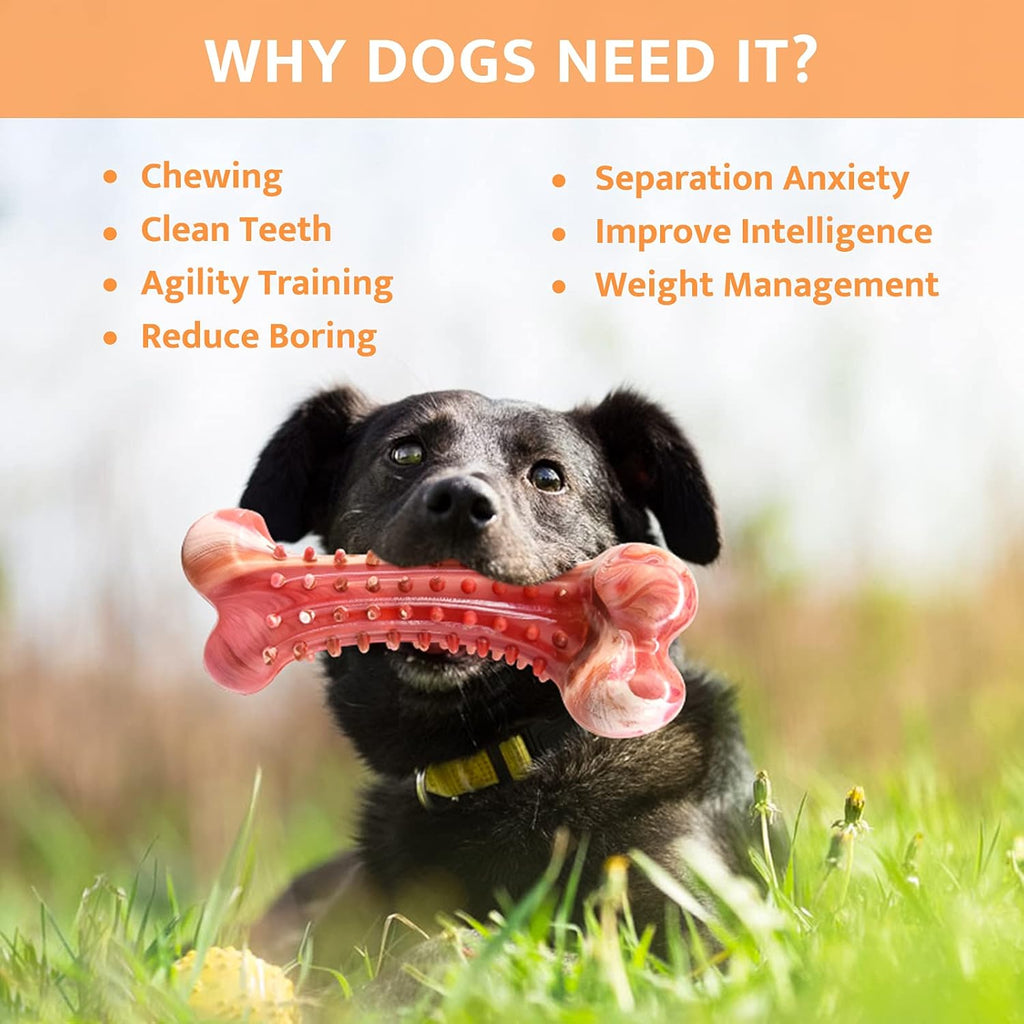 Durable Non-Toxic Natural Rubber Dog Bone Chew Toy for Aggressive Chewers - Interactive Teeth Cleaning and Teething Solution for Medium to Large Dogs with Beef Flavor