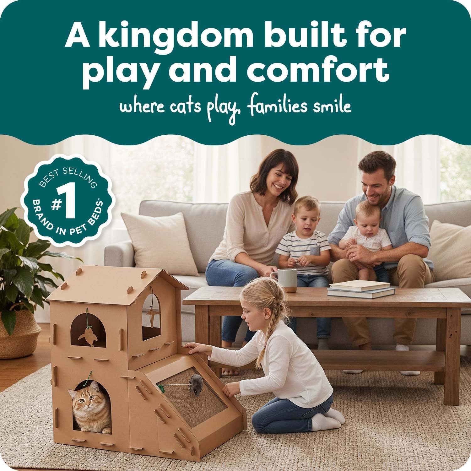 Multi-Level Cardboard Cat House for Indoor Cats with Catnip and Toys - Double-Walled Corrugated Scratcher for Lounging, Play, and Comfort - One Size, Brown