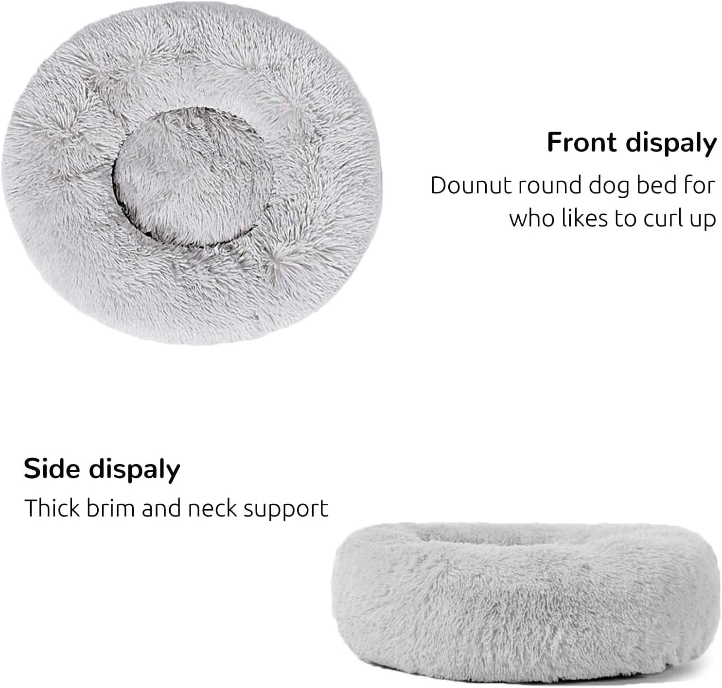 Calming Round Fluffy Dog Bed for Large Dogs, Washable Gray Cuddler Pet Bed, 30 inches