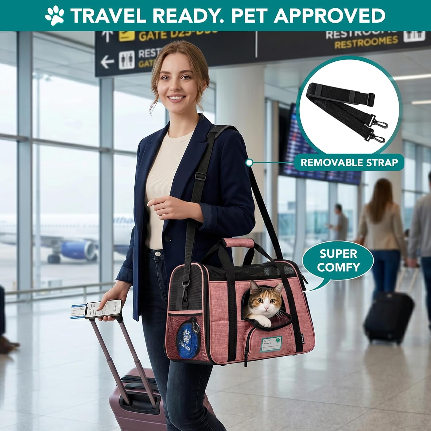 Airline-Approved Soft-Sided Pet Carrier for Cats and Small Dogs, TSA-Compliant Travel Bag with Sherpa Bed, Breathable Mesh Ventilation, Collapsible Bowl, Suitable for Pets Up to 18 lbs, Small Heather White/Red