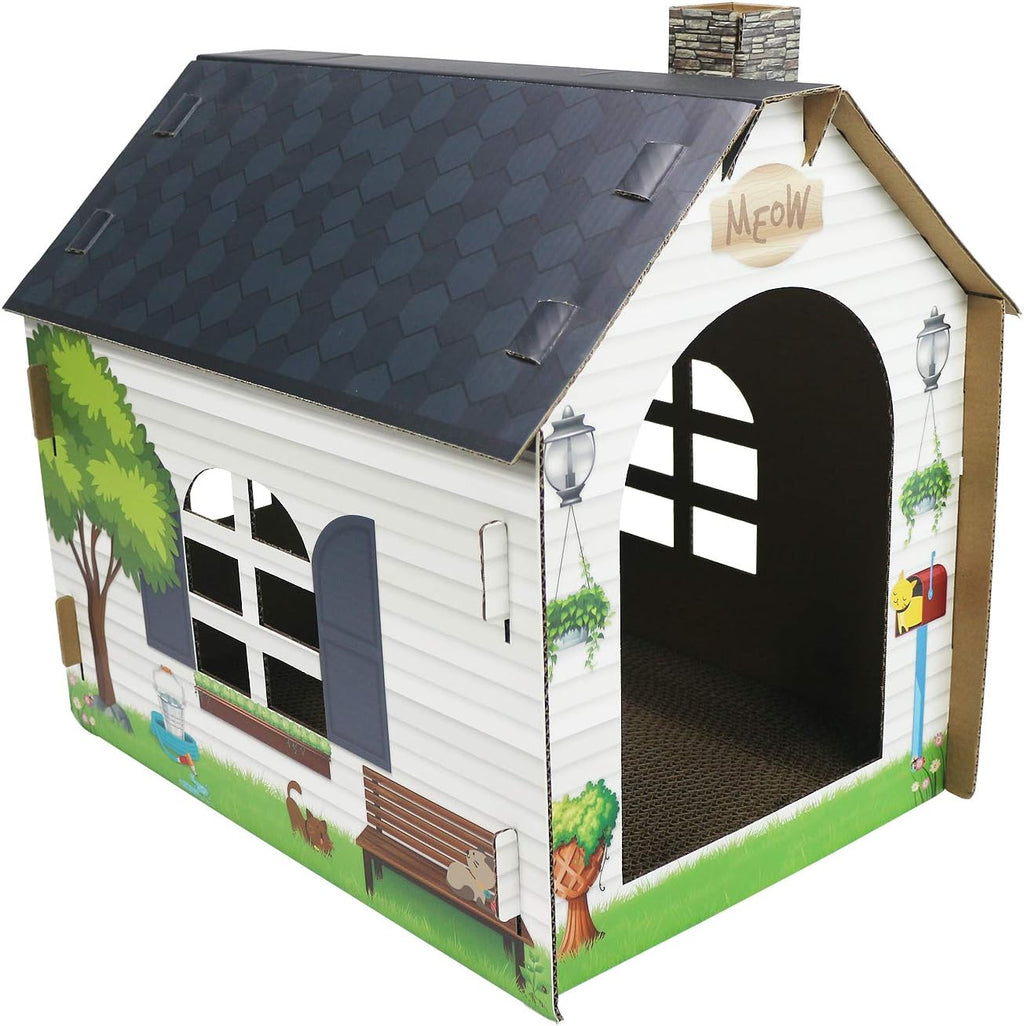 Cardboard Cat House Hideaway Playhouse with Integrated Scratching Pad - Dimensions: 19" L x 13" W x 17" H