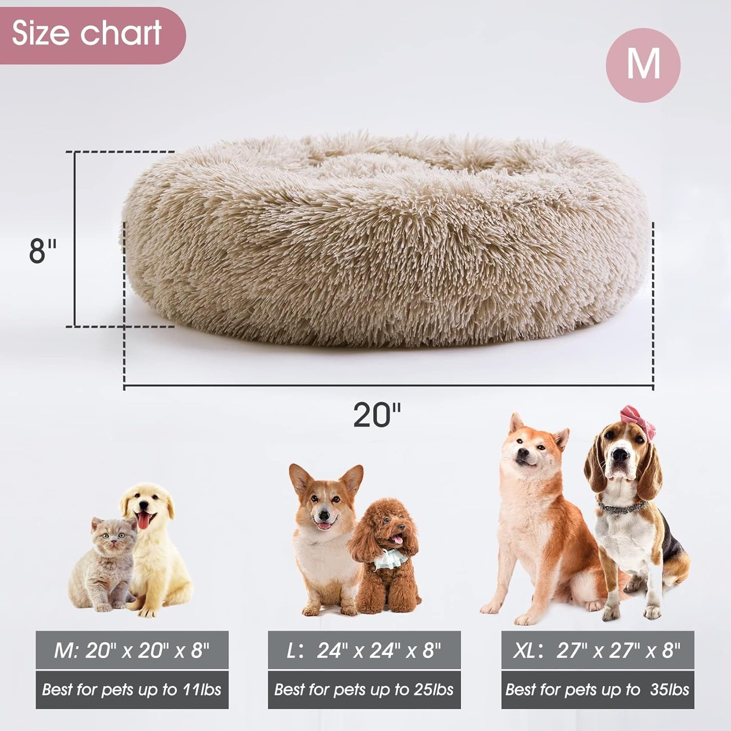 Calming Donut Cuddler Bed for Dogs and Cats - Anti-Anxiety Faux Fur Plush Cushion in Various Sizes (20"/24"/27"/30")
