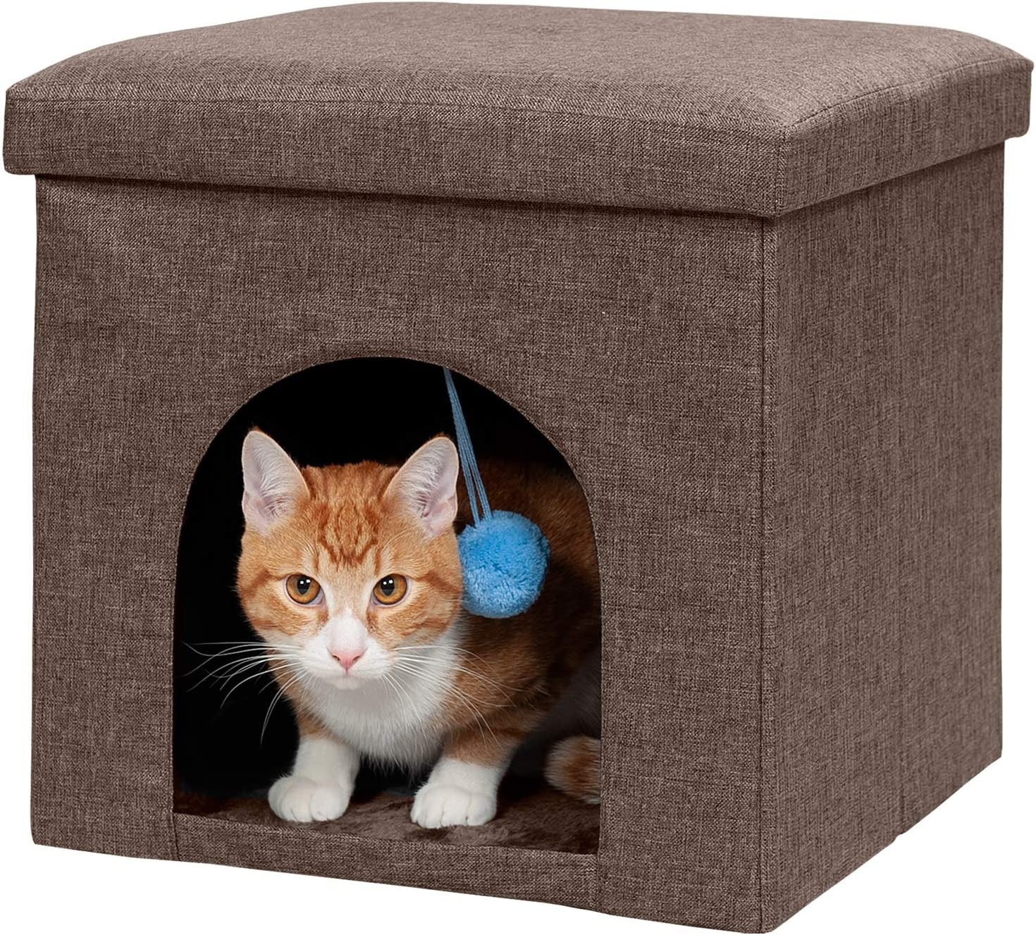Indoor Pet House for Cats and Small Dogs, Collapsible and Foldable with Plush Ball Toy - Living Room Footstool Cat Condo in Coconut Brown, Small