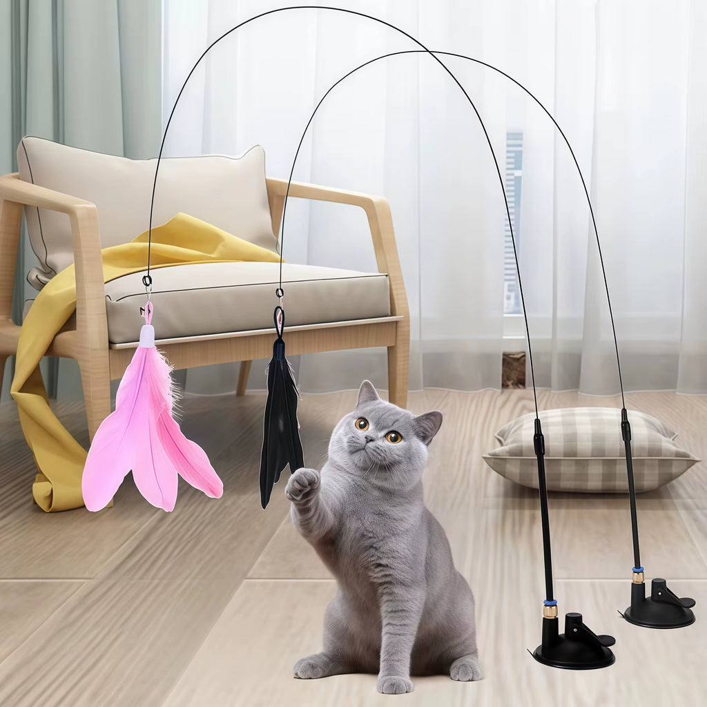 Premium Cat Teaser Pole with Feather Bell and Suction Cup - Durable Bite-Resistant Stick with Replaceable Feather Head