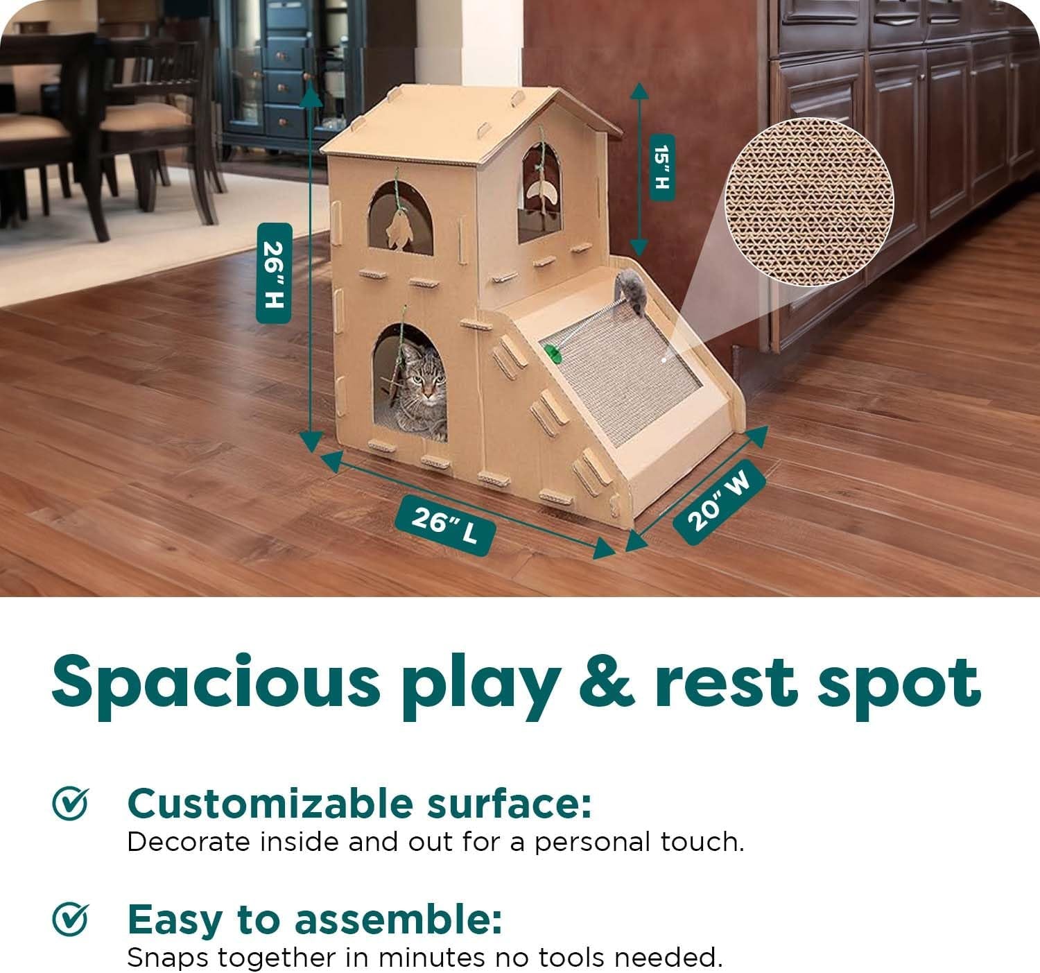 Multi-Level Cardboard Cat House for Indoor Cats with Catnip and Toys - Double-Walled Corrugated Scratcher for Lounging, Play, and Comfort - One Size, Brown