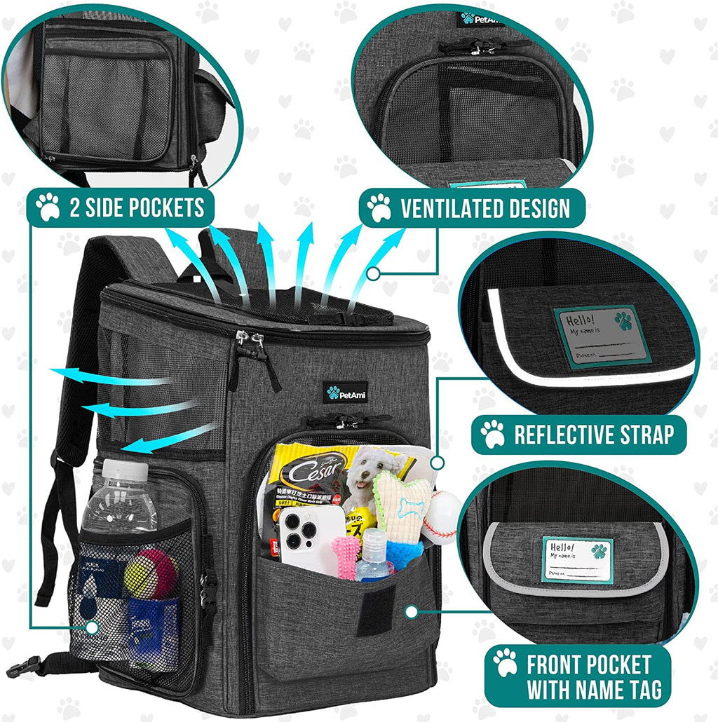 Airline Approved Dog and Cat Backpack Carrier with 4-Way Entry, Ventilated Mesh Design, Collapsible for Small Pets up to 18 lbs, Ideal for Hiking and Travel, Charcoal Gray