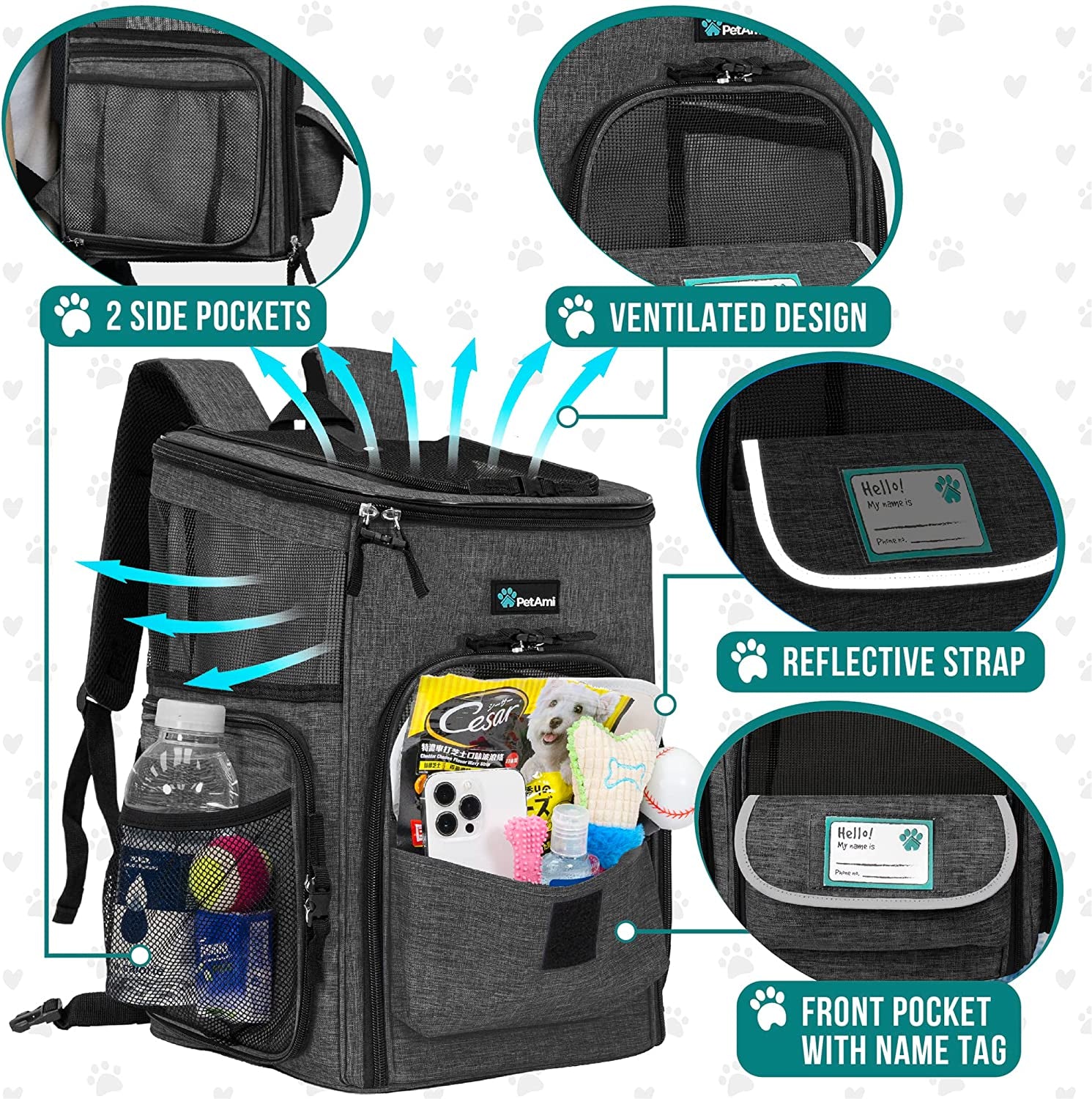 Airline Approved Dog and Cat Backpack Carrier with 4-Way Entry, Ventilated Mesh Design, Collapsible for Small Pets up to 18 lbs, Ideal for Hiking and Travel, Charcoal Gray
