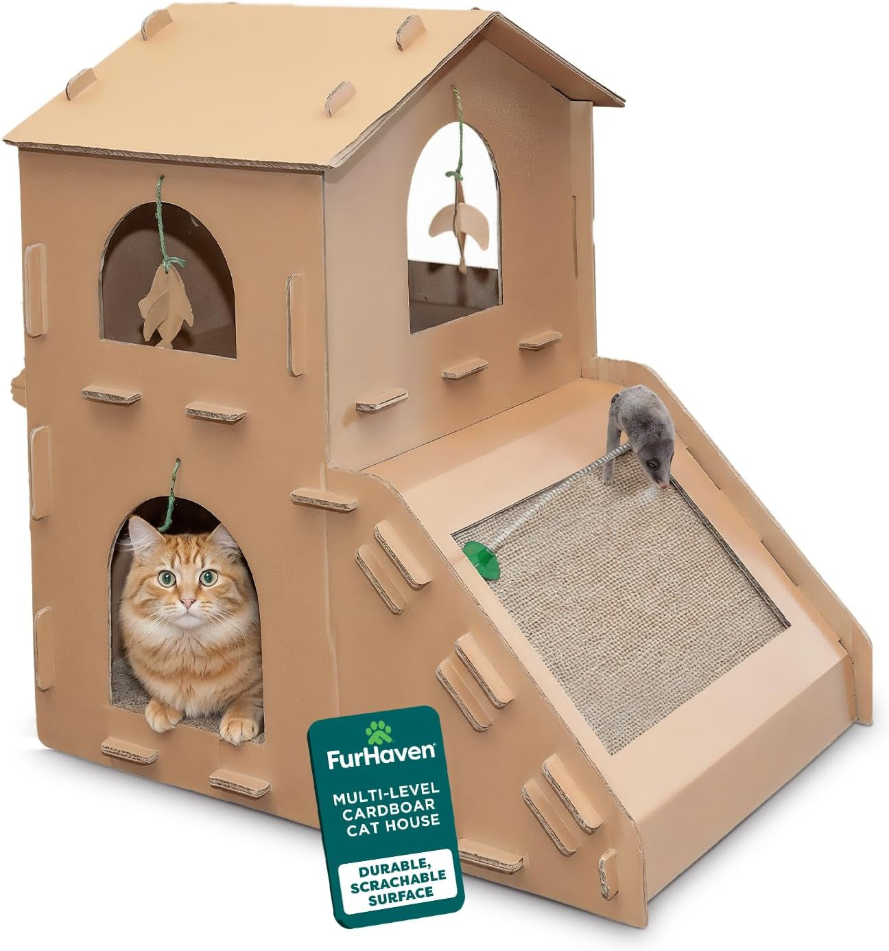 Multi-Level Cardboard Cat House for Indoor Cats with Catnip and Toys - Double-Walled Corrugated Scratcher for Lounging, Play, and Comfort - One Size, Brown