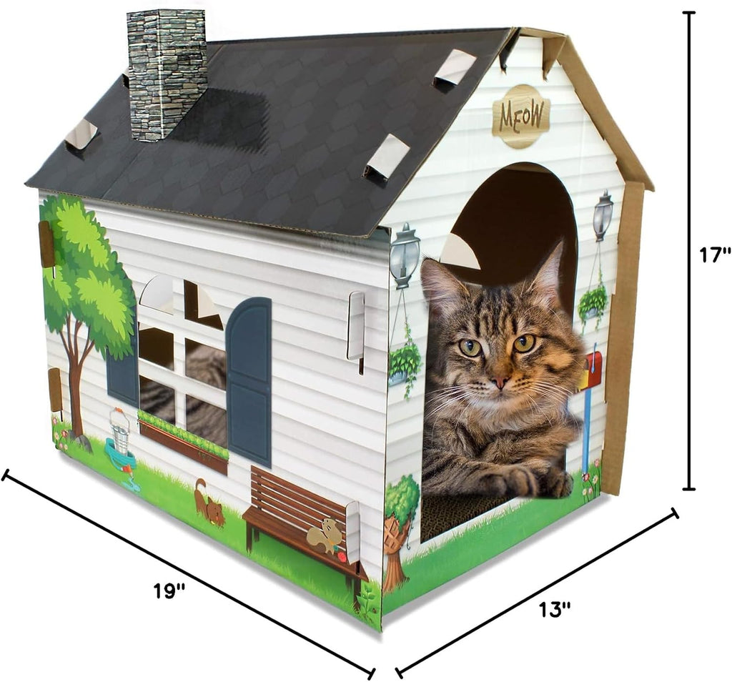 Cardboard Cat House Hideaway Playhouse with Integrated Scratching Pad - Dimensions: 19" L x 13" W x 17" H