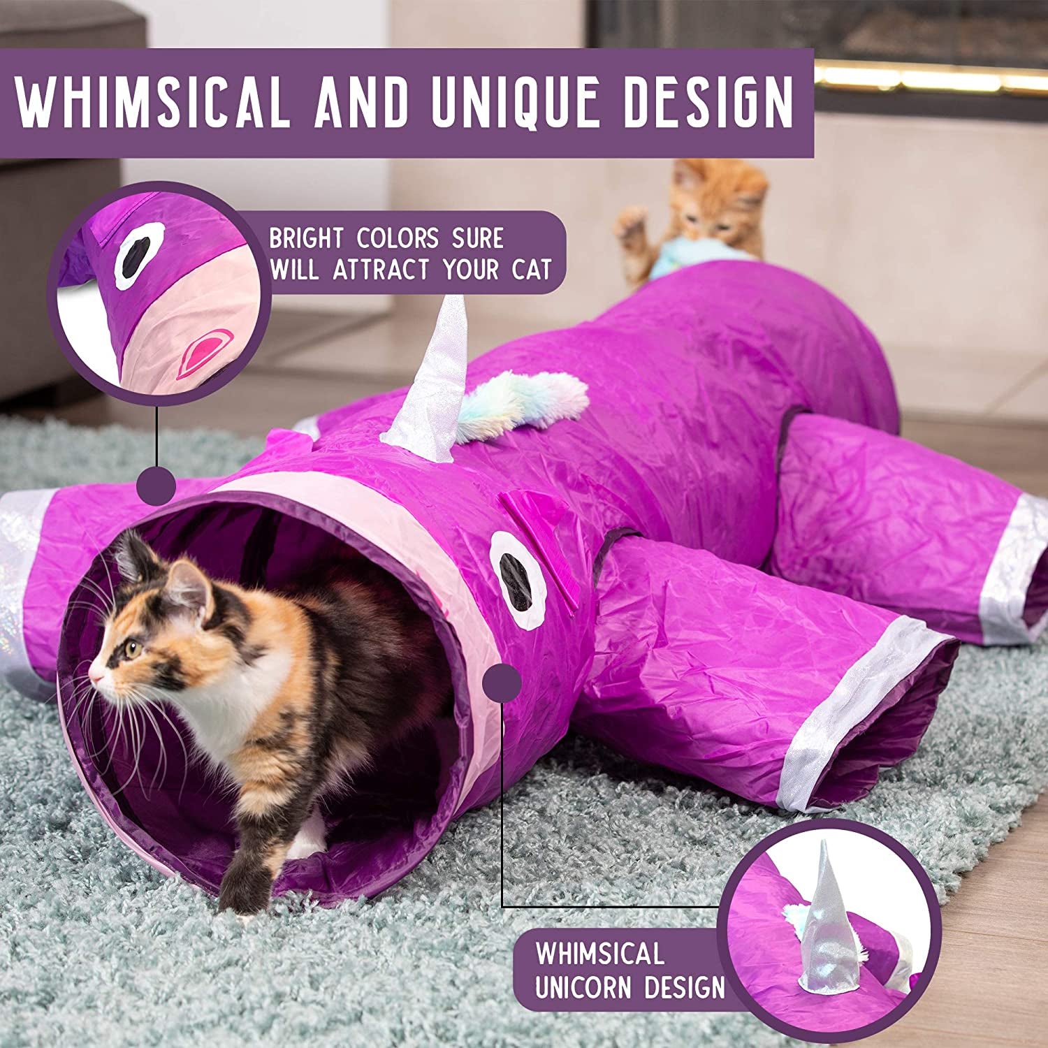 Magic Mewnicorn Multi-Purpose Cat Tunnel with Crinkle Feather String for Dogs, Cats, Rabbits, Kittens, and Guinea Pigs – Ideal for Hiding, Hunting, and Resting