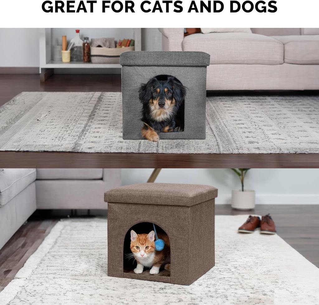 Indoor Pet House for Cats and Small Dogs, Collapsible and Foldable with Plush Ball Toy - Living Room Footstool Cat Condo in Coconut Brown, Small