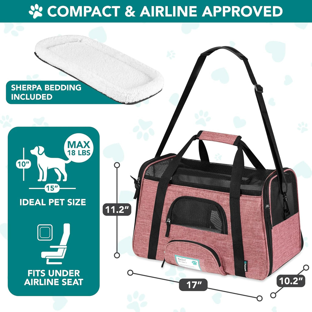 Airline-Approved Soft-Sided Pet Carrier for Cats and Small Dogs, TSA-Compliant Travel Bag with Sherpa Bed, Breathable Mesh Ventilation, Collapsible Bowl, Suitable for Pets Up to 18 lbs, Small Heather White/Red