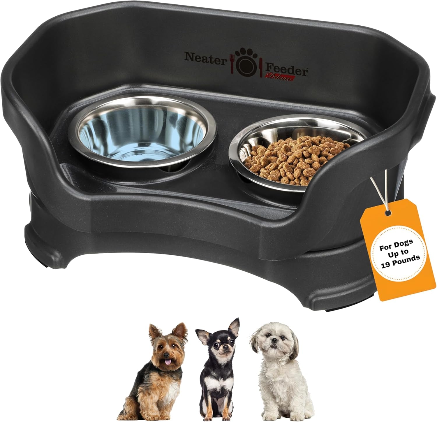 Neater Feeder Deluxe Elevated Dog Bowl Set for Medium Dogs (19-40 lbs) - Made in USA, Spill-Proof Feeding Station, Gunmetal Finish