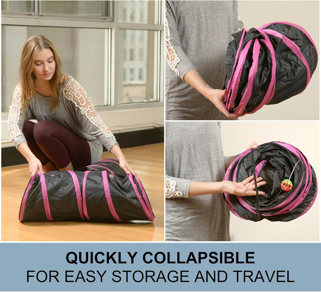 Collapsible 3-Way Cat Tunnel Play Toy - Versatile Tube for Kittens, Rabbits, and Dogs - Black/Aqua