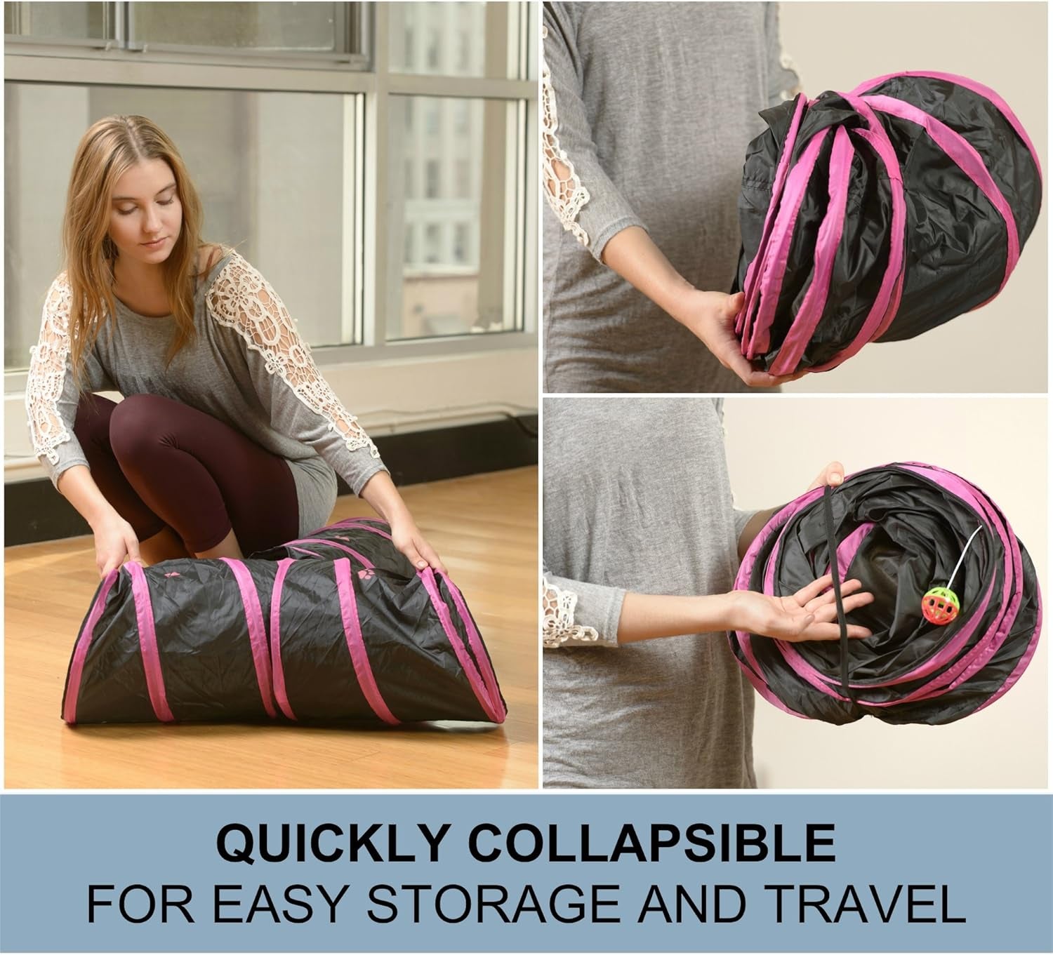 Collapsible 3-Way Cat Tunnel Play Toy - Versatile Tube for Kittens, Rabbits, and Dogs - Black/Aqua