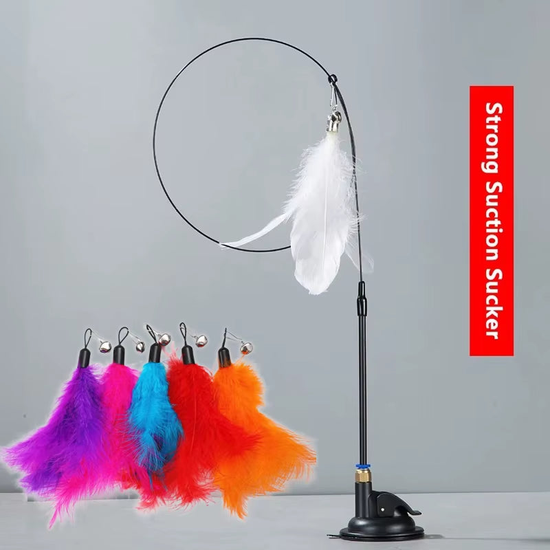 Premium Cat Teaser Pole with Feather Bell and Suction Cup - Durable Bite-Resistant Stick with Replaceable Feather Head