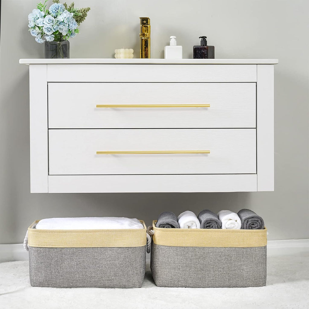 Large Collapsible Storage Bins - 3 Pack 14x10x7 Inch Fabric Organizers for Closet, Shelf, and Toy Storage (Grey & Gold)