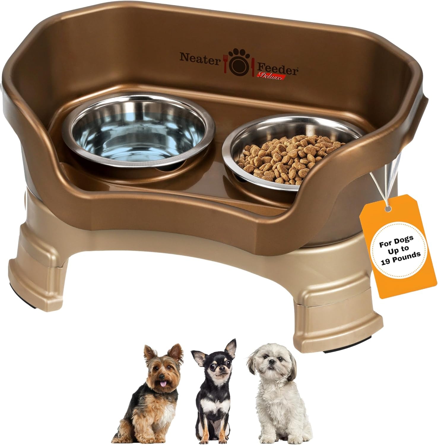 Neater Feeder Deluxe Elevated Cat Bowls with Adjustable Heights (6” & 7.5”), No-Spill Raised Stand, Whisker-Friendly Stainless Steel Dishes, Made in USA, Bronze Finish
