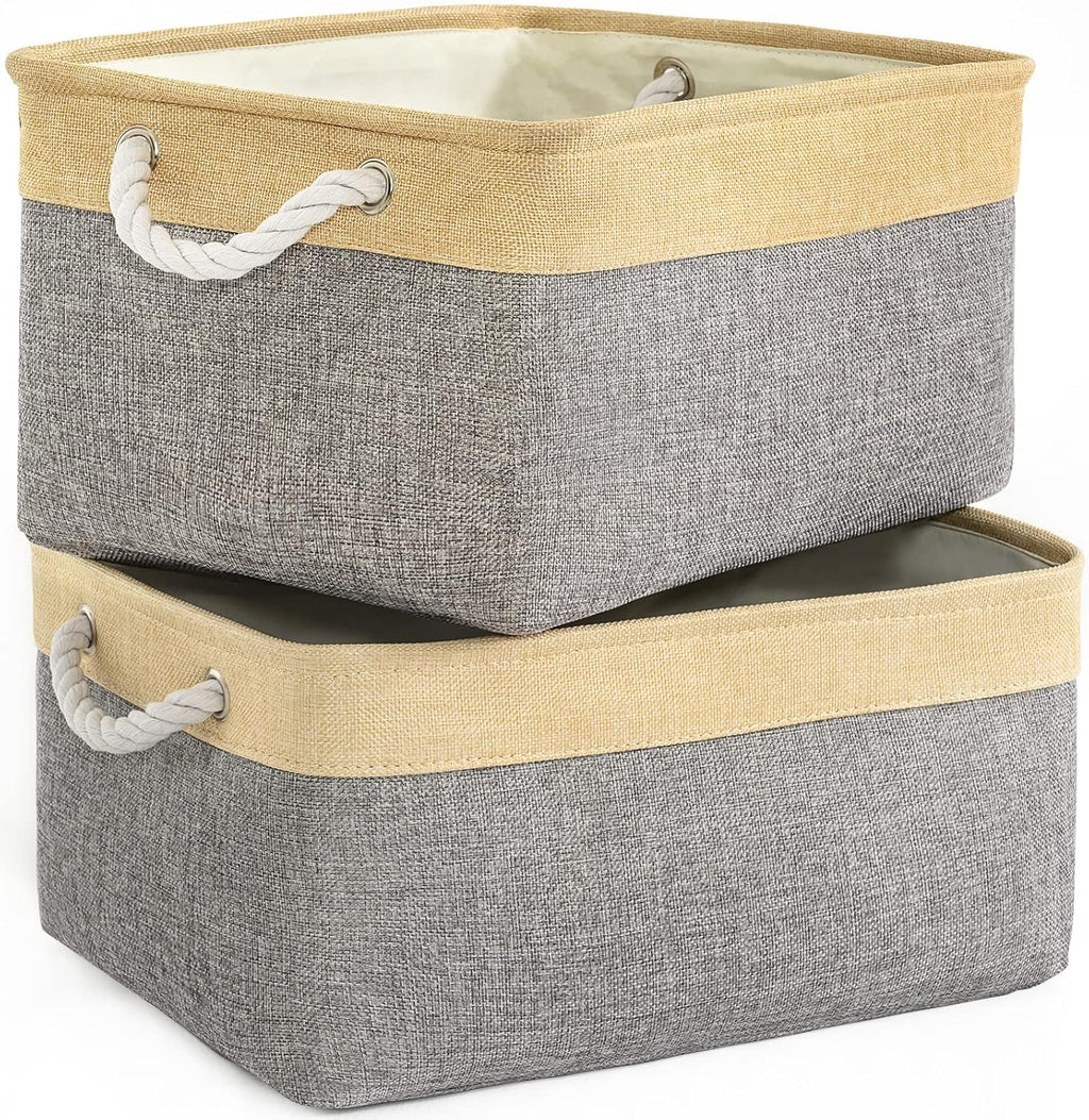 Large Collapsible Storage Bins - 3 Pack 14x10x7 Inch Fabric Organizers for Closet, Shelf, and Toy Storage (Grey & Gold)