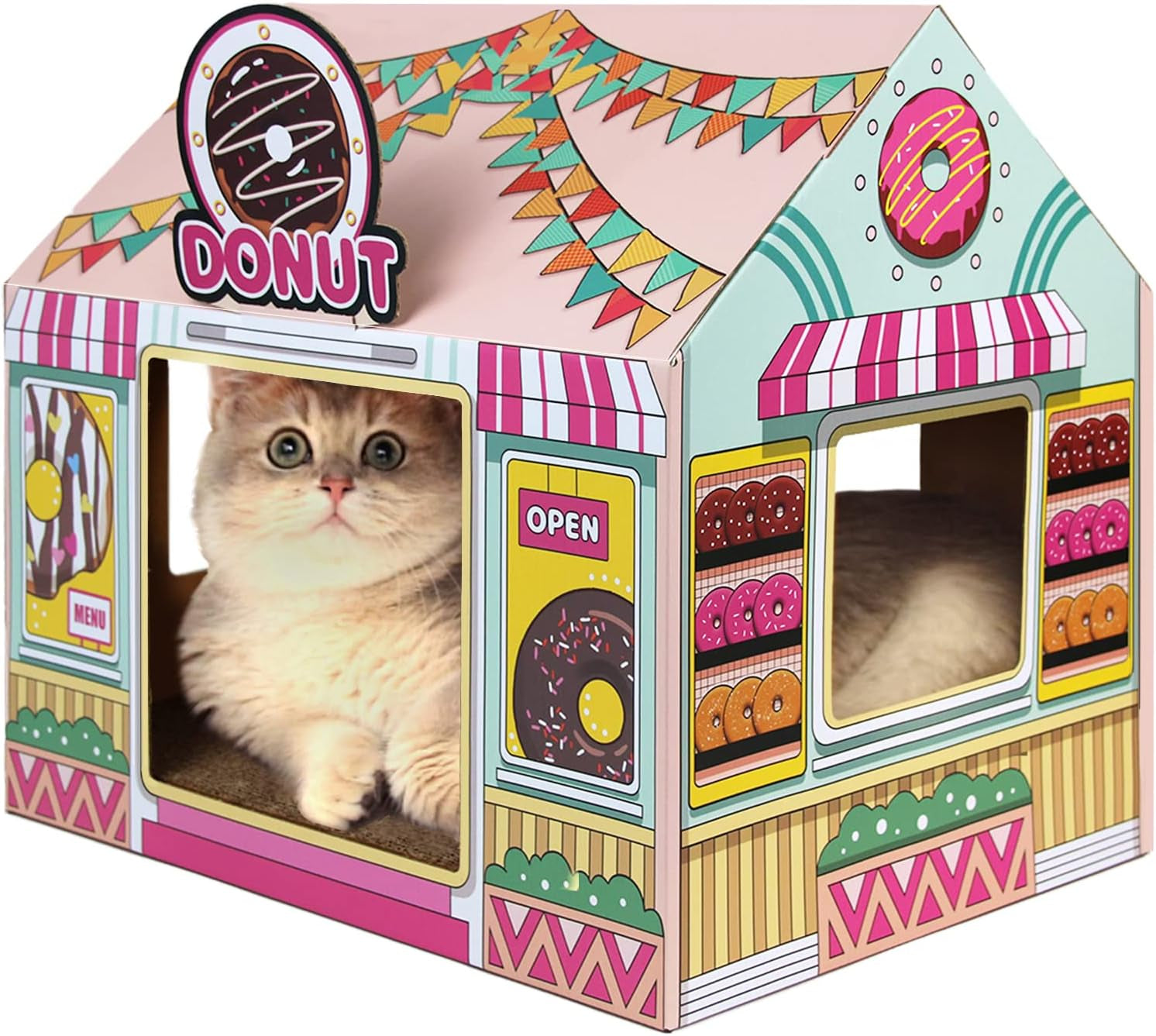 Cardboard Cat House with Scratching Pad and Catnip, 16.5'' x 12'' x 15'', Burger Shop Design for Indoor/Outdoor Cats, Playhouse and Home Decor, Scratch Toy, Ideal Hideout for Rabbits and Small Animals