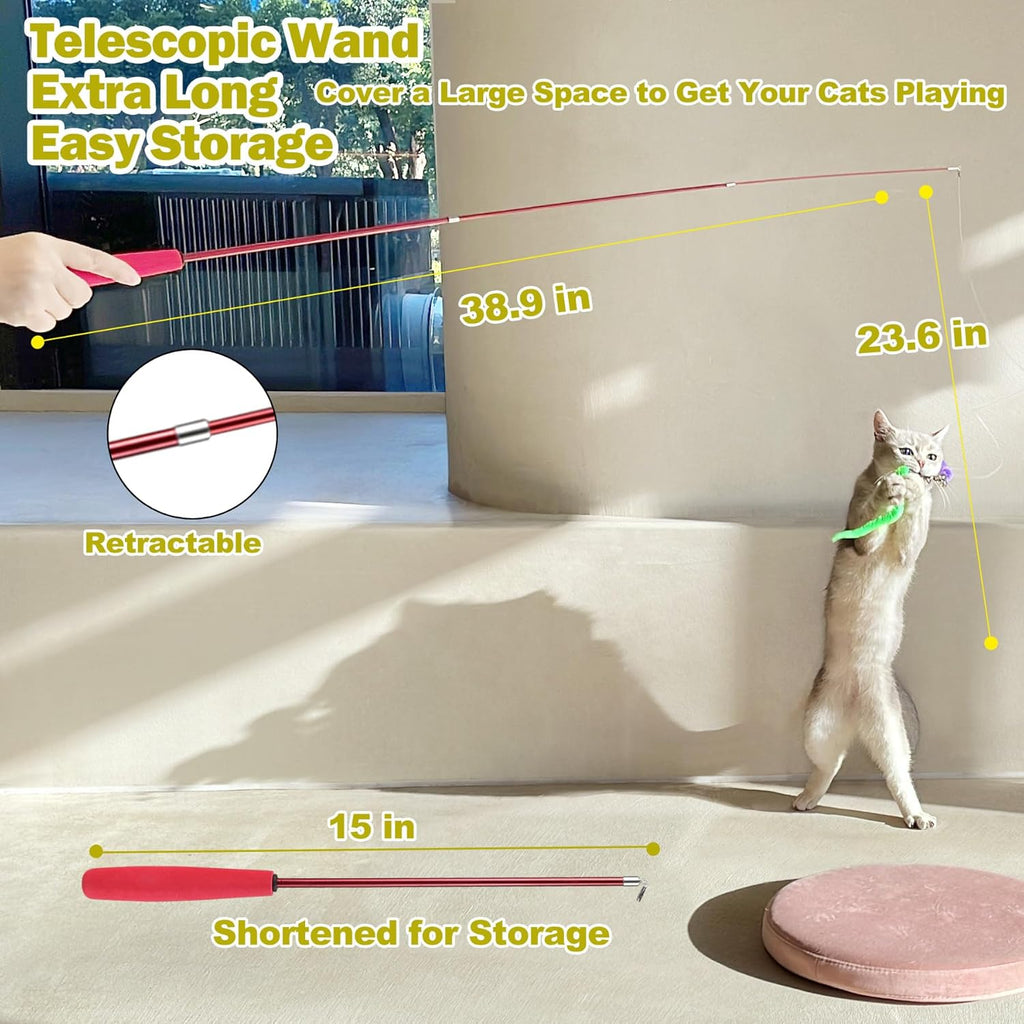 Interactive Cat Toy Set: 2 Retractable Wands and 9 Feather Refills for Indoor Play and Exercise