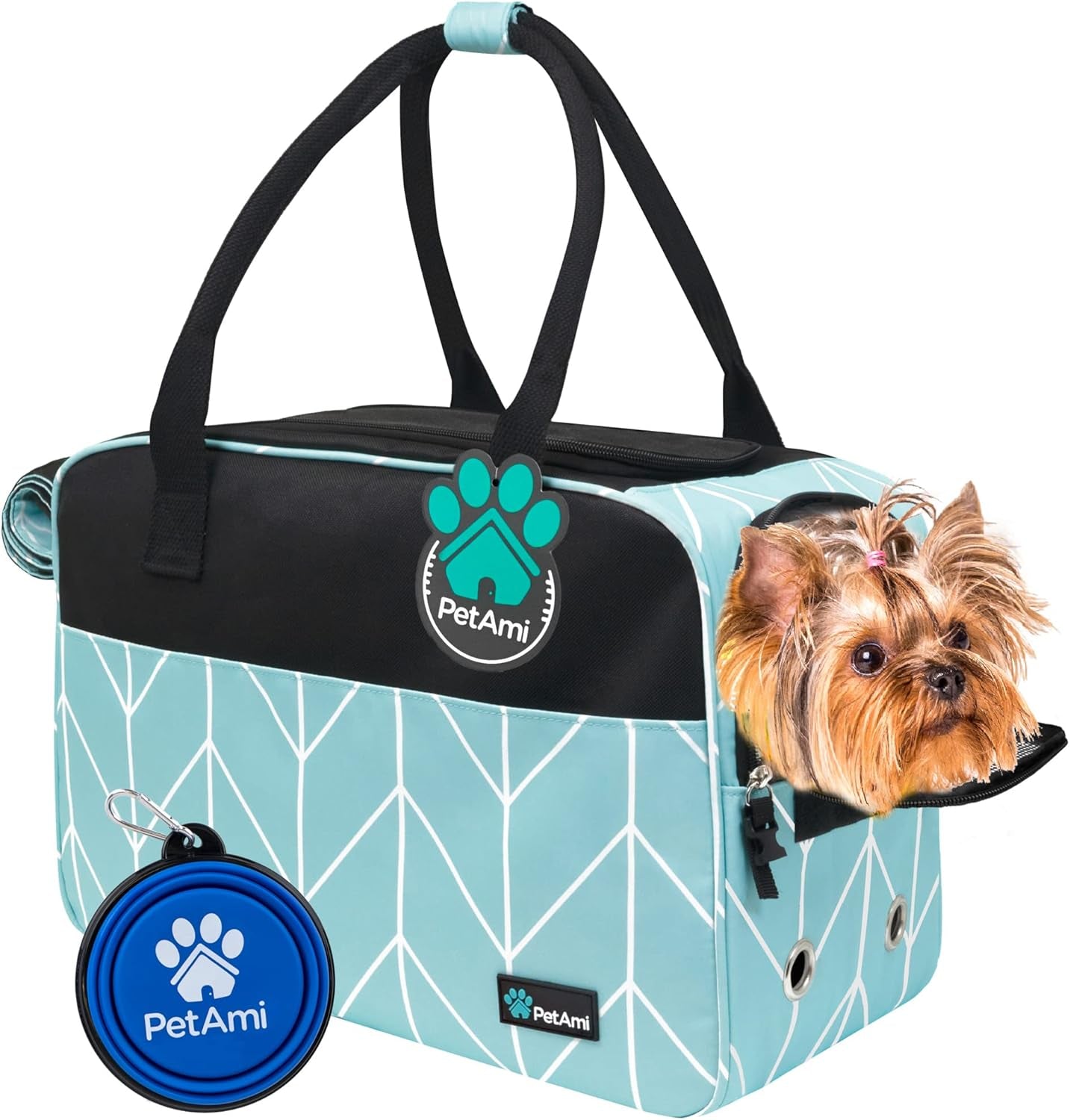 Soft-Sided Pet Carrier for Small Dogs and Cats, TSA Approved Travel Tote with Ventilation, Pockets, and Shoulder Strap, Includes Bed, Max Weight 12 lbs, Turquoise