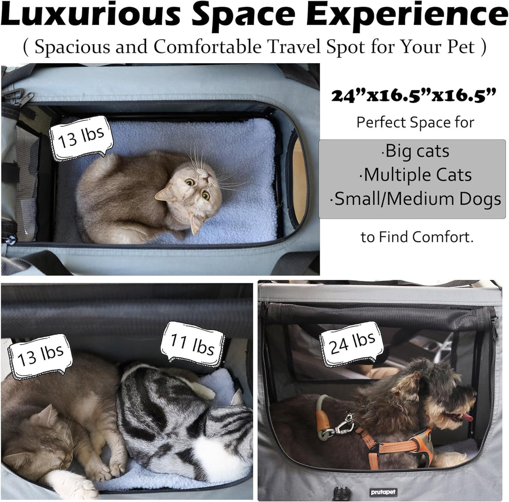 Large Cat Carrier and Portable Dog Crate - 24" x 16.5" x 16.5" Collapsible Traveling Pet Crate with Included Collapsible Bowl for Small to Medium Dogs
