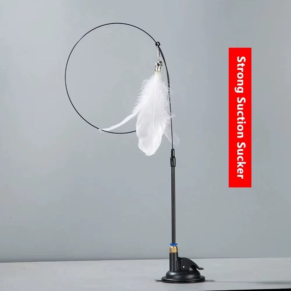 Premium Cat Teaser Pole with Feather Bell and Suction Cup - Durable Bite-Resistant Stick with Replaceable Feather Head