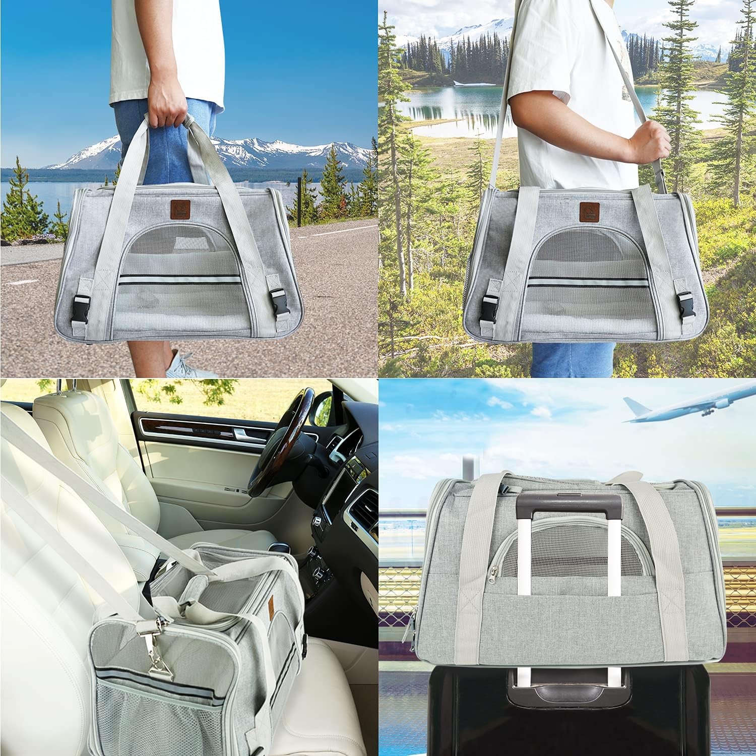 Premium Airline-Approved Soft-Sided Pet Carrier for Cats and Dogs - Portable Cozy Travel Bag, Safe for Car Seat (Large, Light Grey)