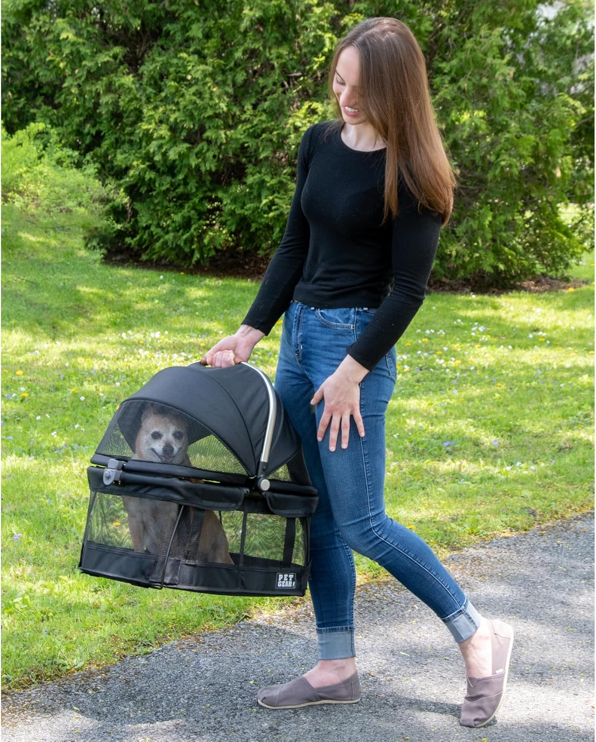 No-Zip 360-Degree Pet Safety Carrier and Car Seat for Small Dogs and Cats, 20-Inch, Black, with Push Button Entry