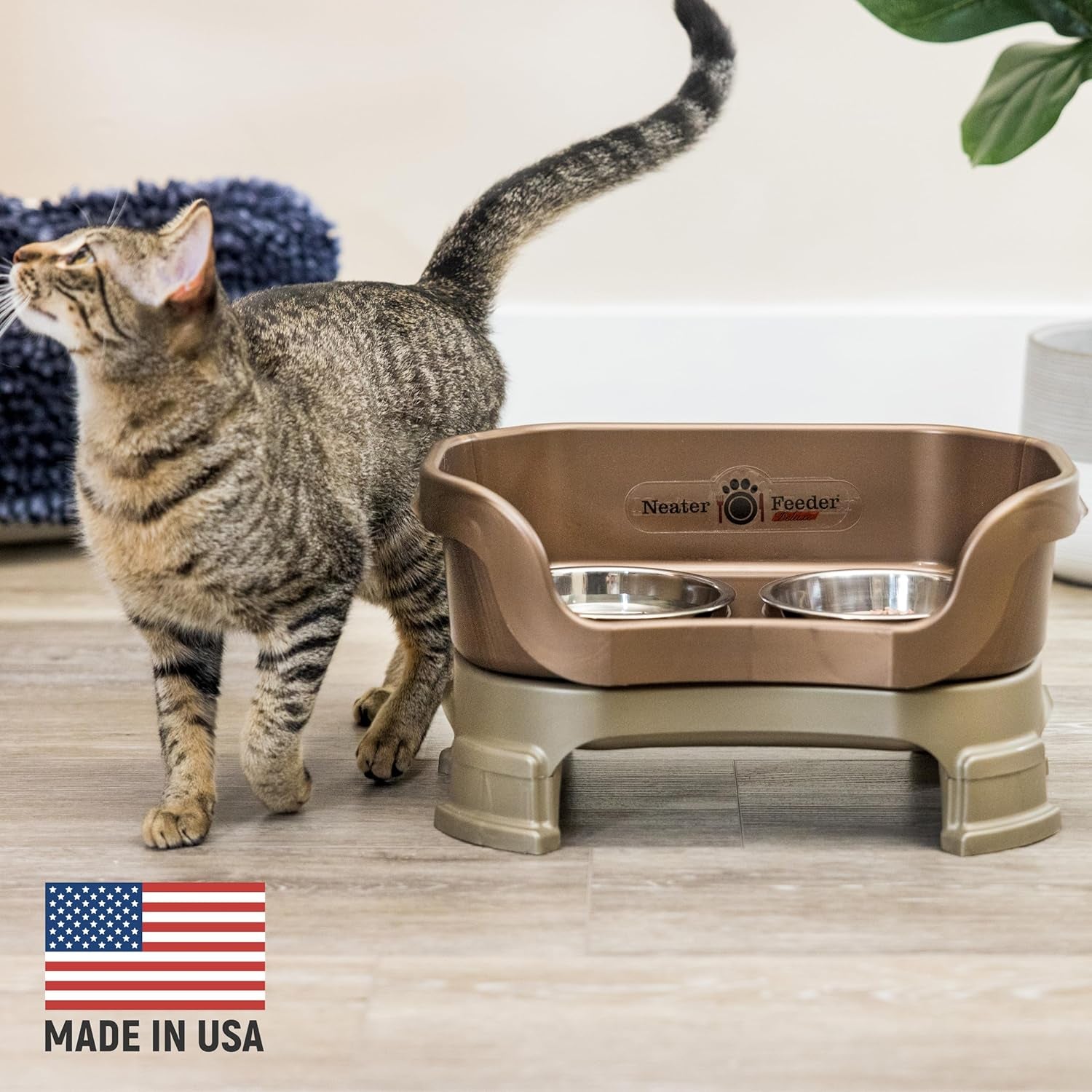 Neater Feeder Deluxe Elevated Cat Bowls with Adjustable Heights (6” & 7.5”), No-Spill Raised Stand, Whisker-Friendly Stainless Steel Dishes, Made in USA, Bronze Finish