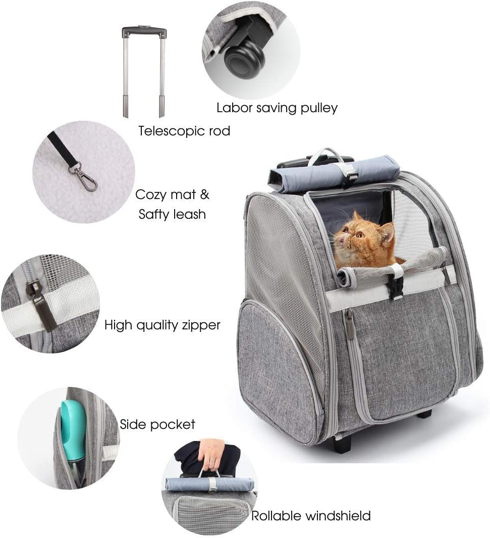 Pet Rolling Carrier Backpack for Dogs and Cats - Travel Bag with Wheels (Grey)