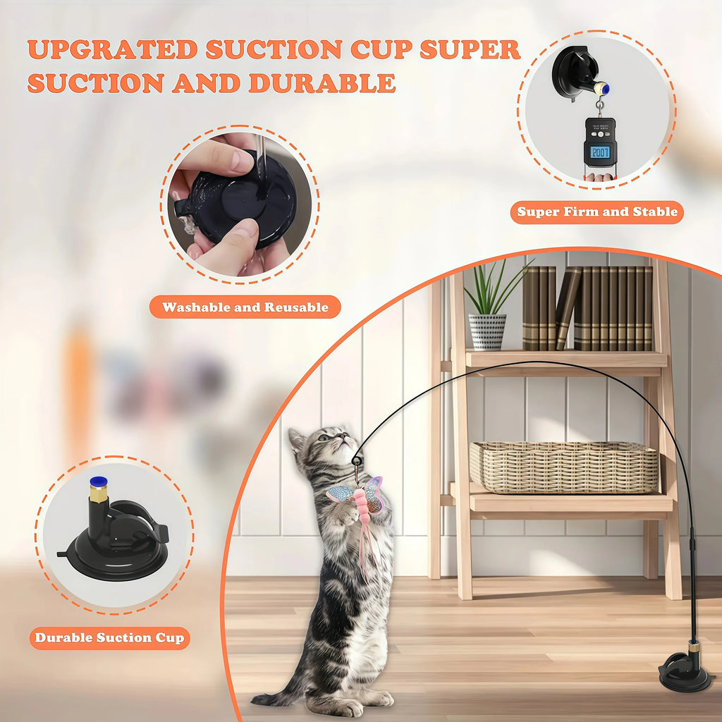 Premium Cat Teaser Pole with Feather Bell and Suction Cup - Durable Bite-Resistant Stick with Replaceable Feather Head
