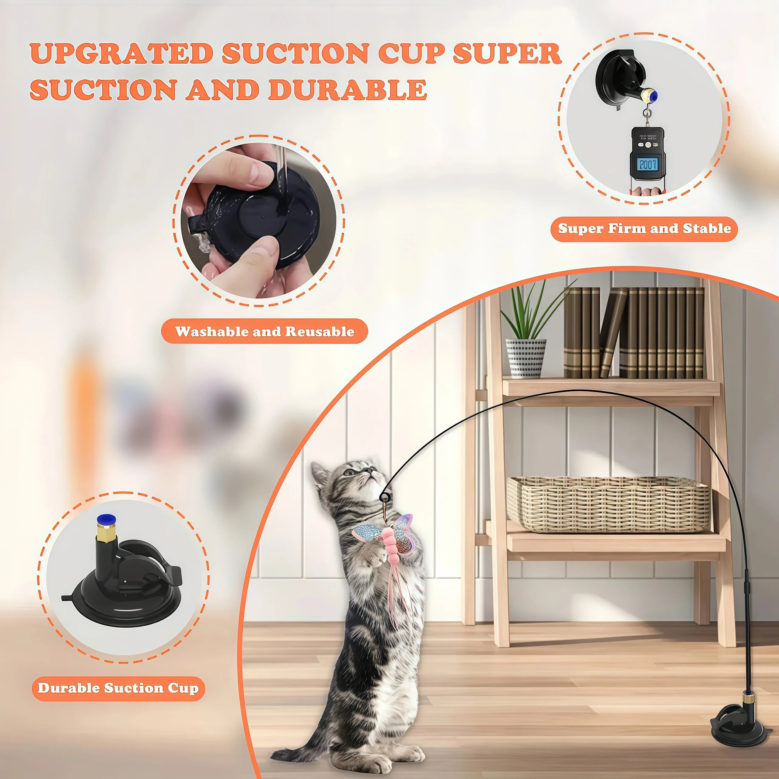 Premium Cat Teaser Pole with Feather Bell and Suction Cup - Durable Bite-Resistant Stick with Replaceable Feather Head