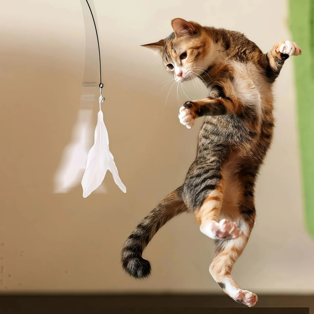 Premium Cat Teaser Pole with Feather Bell and Suction Cup - Durable Bite-Resistant Stick with Replaceable Feather Head